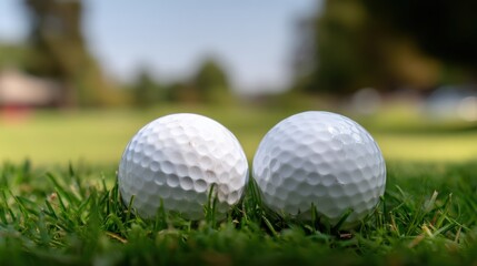 Obraz premium Two golf balls on green grass course field, golf equipment, sport concept, recreation activity outdoors