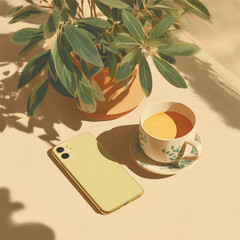 Aesthetic vector still life featuring smartphone, cup of coffee, and green plant in natural sunlight. Modern lifestyle and cozy minimalist morning mood. Vector illustration