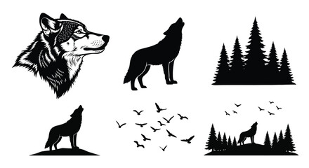 Black and white illustration of wolves trees birds and mountain silhouettes