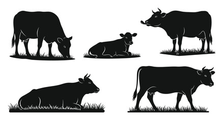 Black silhouettes of cows in various poses against a grassy backdrop
