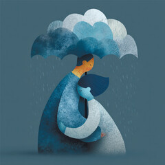 Emotional textured vector of two people hugging under a rain cloud. Symbol of empathy, love, mental health support, and emotional connection. Vector illustration