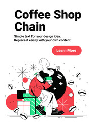 Santa coffee shop Christmas celebration modern festive scene with Santa Claus drinking coffee surrounded by gifts coffee beans abstract shapes