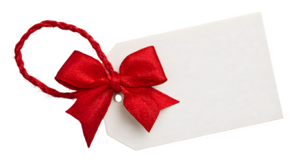 Blank gift tag shaped like a present with a red bow and string isolated on white background