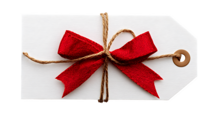 Blank gift tag shaped like a present with a red bow and string isolated on white background