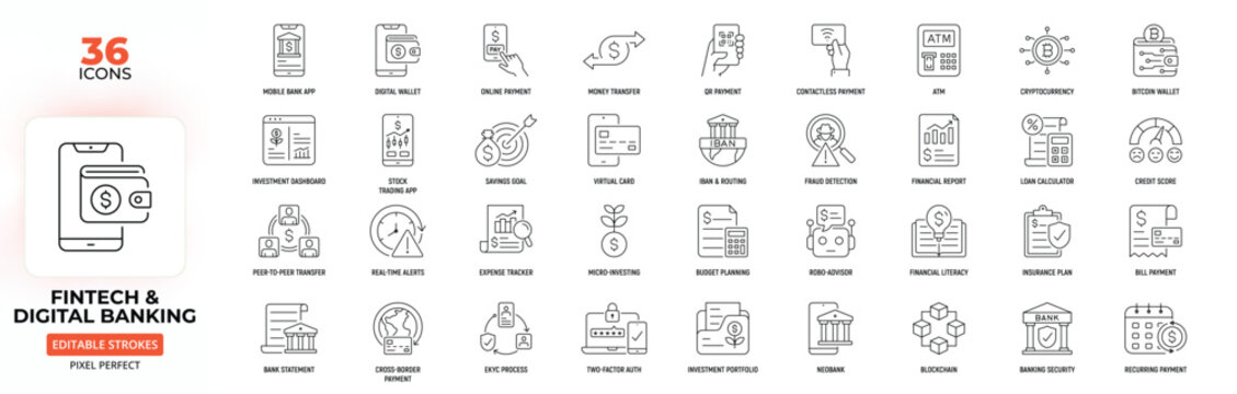 Fintech & Digital Banking Line Icon Set &ndash; Online Payments, Investments, Security, and Financial Management, Editable Stroke.