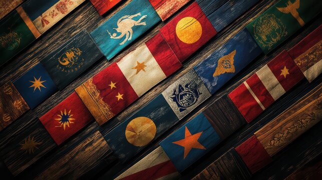 Collection of vintage flags with various designs arranged diagonally on a wooden surface texture