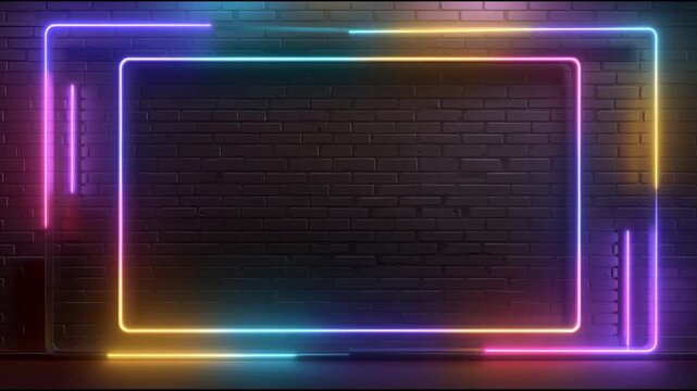 Dynamic neon frame transformation against dark brick wall in vibrant colors