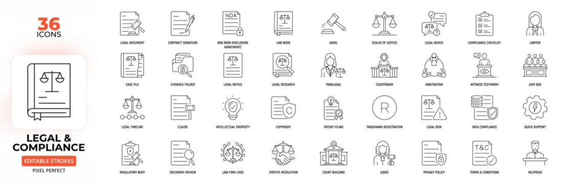 Legal & Compliance Line Icon Set &ndash; Law, Contracts, Courtroom, and Data Regulations, Editable Stroke.