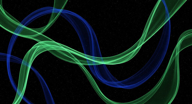 Abstract art with flowing green and blue ribbons on a black starry background, resembling motion, energy, and creative expression, ideal for dynamic designs
