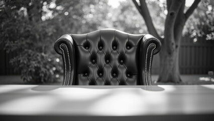Luxurious black leather chair with tufted design, elegant and stylish, placed in serene outdoor setting with trees in background