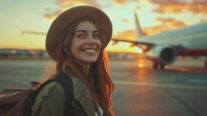 Joyful young woman with hat and backpack smiling at airport tarmac with airplane at sunset, ready for solo journey.