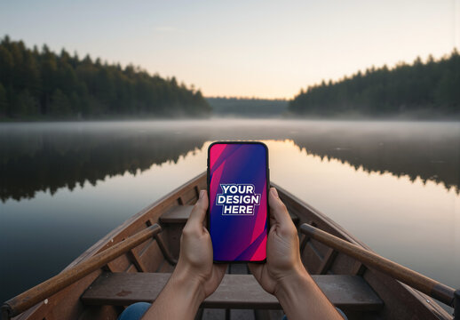 Person Holding Smartphone Mockup In Wooden Boat