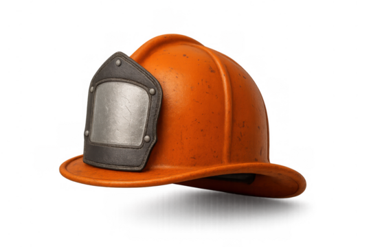 Vintage orange firefighter helmet showing wear and tear, symbolizing rescue, safety, protection, and emergency services