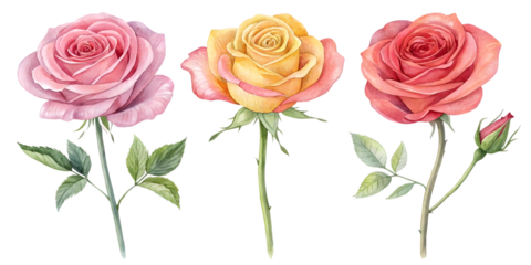 Rose watercolor flowers collection isolated on transparent or white background. Flower png.