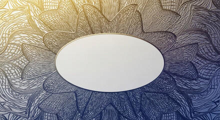 Floral pattern with a textured oval frame. Gold and blue gradient effect. Abstract artistic illustration, symbolic of elegance and creative design