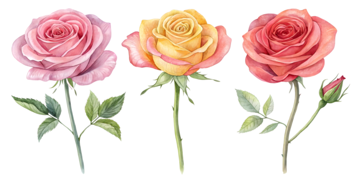 Rose watercolor flowers collection isolated on transparent or white background. Flower png.