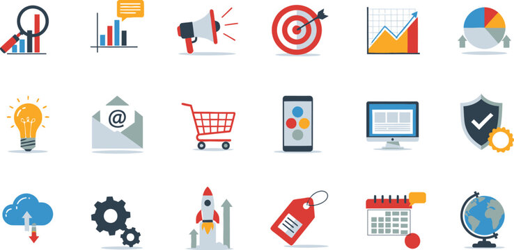 Digital Marketing Business Technology SEO Analytics Icons Set with vector illustration
