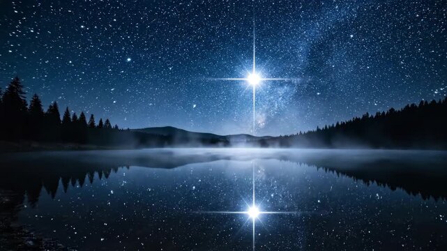 Stunning Night Sky Over Serene Lake: Milky Way Reflections, Forest Silhouettes and Bright Stars