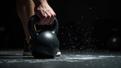 Person grips black kettlebell, preparing for workout, with chalk dust floating in air, creating dynamic and intense atmosphere