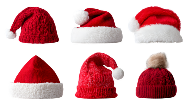 Collection of assorted Santa hats in different shapes and textures isolated on white background