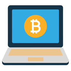 Laptop displaying bitcoin symbol on screen, representing digital currency and technology
