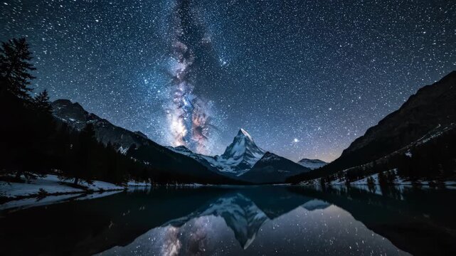 Stunning Nightscape: Majestic Mountain Peaks Under a Glittering Starry Milky Way Display