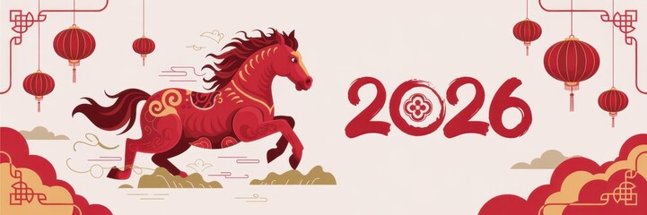 A bright banner for the Chinese New Year 2026, which depicts a red galloping horse. Design, with red and gold lanterns.