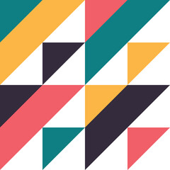 Abstract geometric pattern featuring colorful triangles in yellow teal coral and dark blue against a white background creating a modern minimalist design