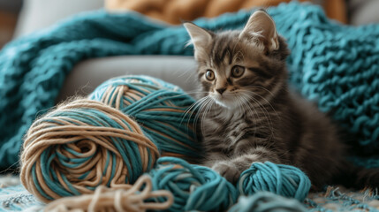 Adorable little kitten with yarn balls. Cozy home scene for pet and knitting theme