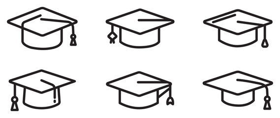 Graduation Cap Icon Set – Outline and Minimal Education Symbols for Learning, Success, and Academic Design