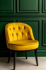 Elegant yellow chair against green paneled wall for bright interior design concepts