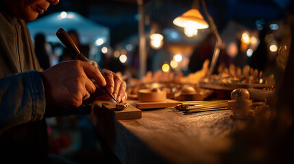 Skilled artisan's hands meticulously carving a wooden sculpture at a bustling night market during the Winter Festival in Chiang Mai, Thailand