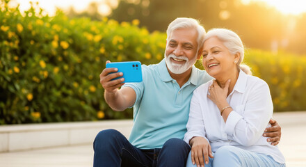 An elderly couple sits close together taking a selfie, capturing a loving moment in a sunlit garden