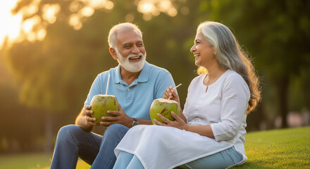 elderly couple enjoys outdoors, sitting on the grass together while sipping fresh coconut water and sharing smiles.