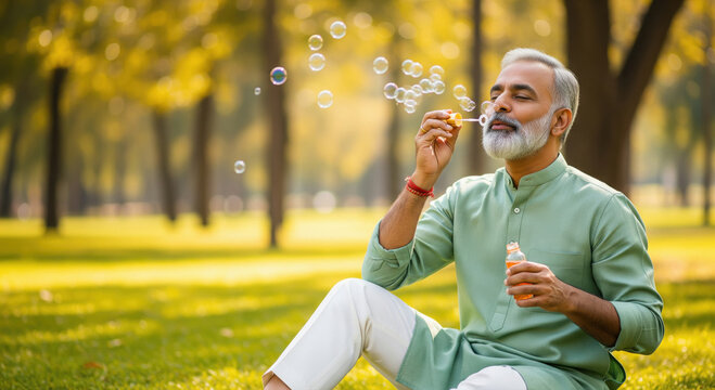 A cheerful man enjoys a carefree moment blowing bubbles in a sunlit park