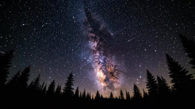 Stunning Nightscape: Time-Lapse of the Milky Way Galaxy Across a Forest Silhouette