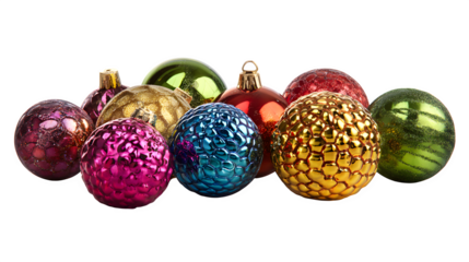 Assorted colorful Christmas baubles with reflective glossy textures isolated on white background