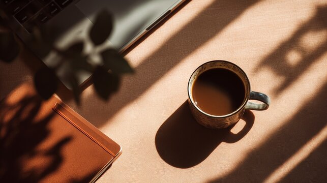 Warm coffee cup on beige desk with laptop shadow and notebook bathed in afternoon sunlight minimalist flat lay for remote work or cozy break