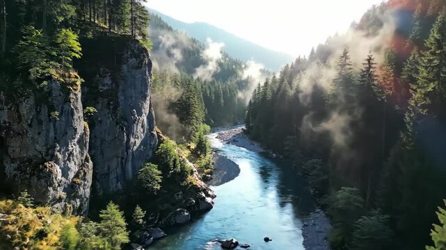 Stunning River Flowing Through Majestic Mountains, Surrounded by Lush Green Trees and Misty