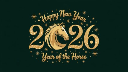 Greeting card "Happy New Year 2026" on a dark green background. In the center there is a large inscription "2026", a horse's head and symbolizes the Year of the horse.