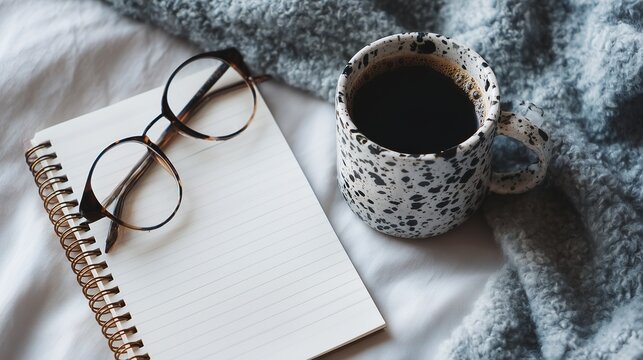 Cozy Hygge Morning Routine Flat Lay With Black Coffee Mug Glasses And Spiral Notebook On Gray Blanket Warm Aesthetic Concept Stock Photography