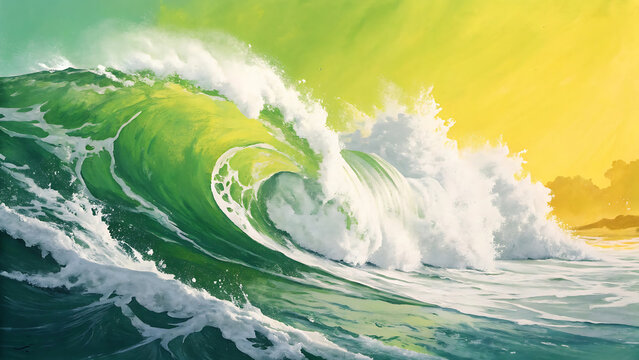 green wave breaking on the beach at sunset time  . 