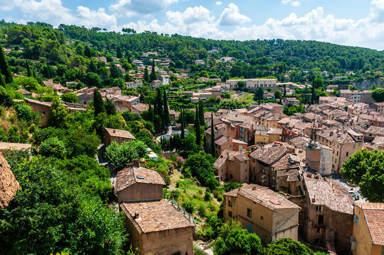 A panoramic outlook over the historic town of Cotignac, in the French Provence.