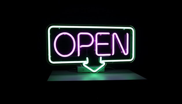 A vibrant magenta and green neon sign glows with the word OPEN against a dark, empty void background, evoking an 80s retro synthwave aesthetic