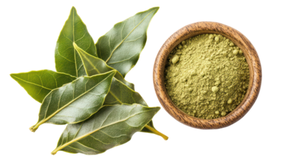 Fresh curry leaves and powder in wooden bowl isolated on transparent background