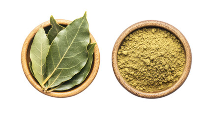 Two wooden bowls with bay leaves and ground bay leaf spice isolated on transparent background