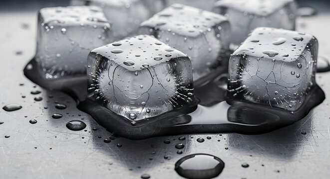 Close up of melting ice cubes on metal surface with water drops - Powered by Adobe