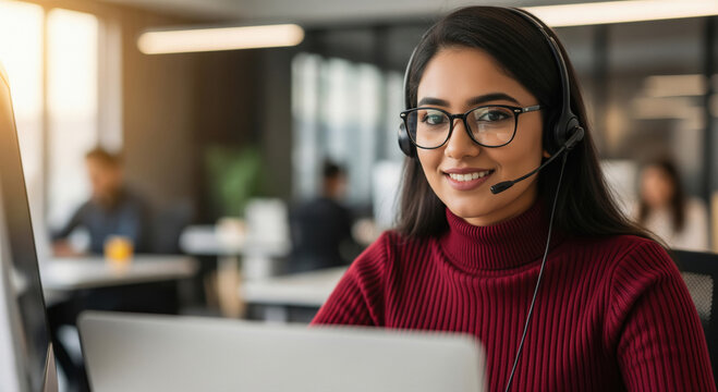 A professional Indian woman provides customer support through a headset, working attentively at a modern call center environment.