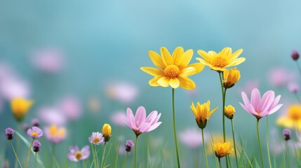 Fototapeta premium Vibrant Garden Scene of Colorful Spring Flowers in Bloom Against a Soft Blue Background
