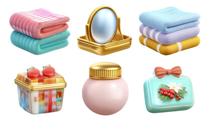 Colorful Items with Towels, Mirror, and Container on Transparent Background